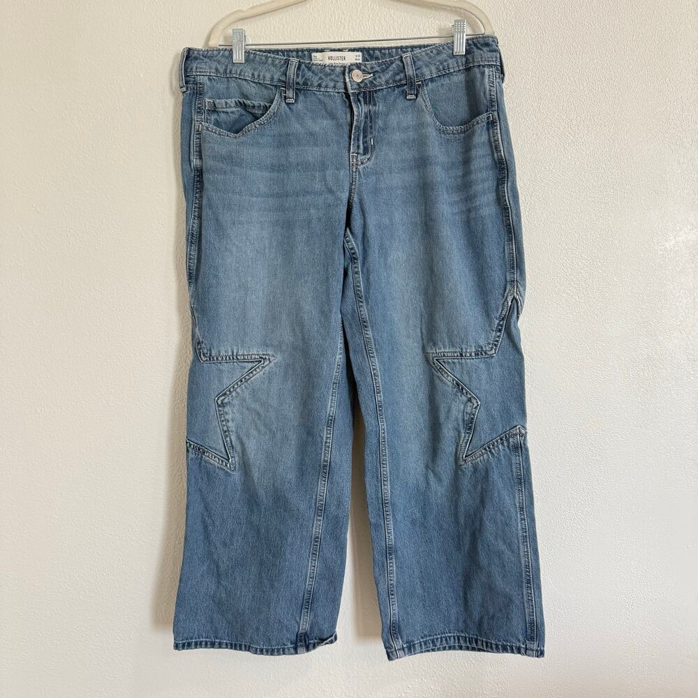 Hollister Low Rise Baggy Star Patch Denim Jeans Light Wash Wide Leg 33 Short